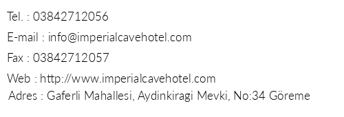 mperial Cave Hotel telefon numaralar, faks, e-mail, posta adresi ve iletiim bilgileri
